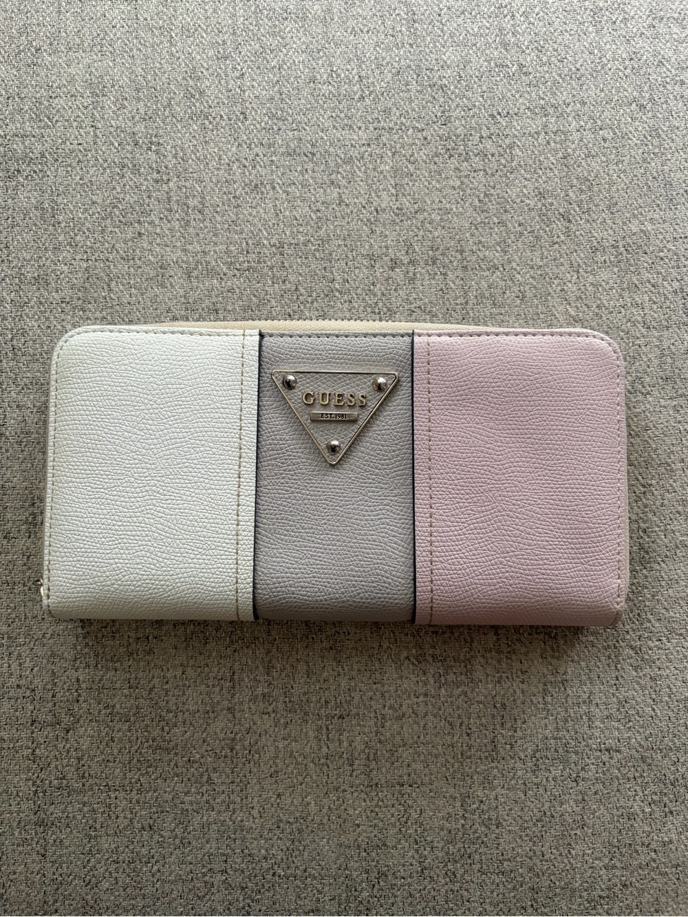 GUESS Tri-Panel Zip Wallet in Pink, Gray & White